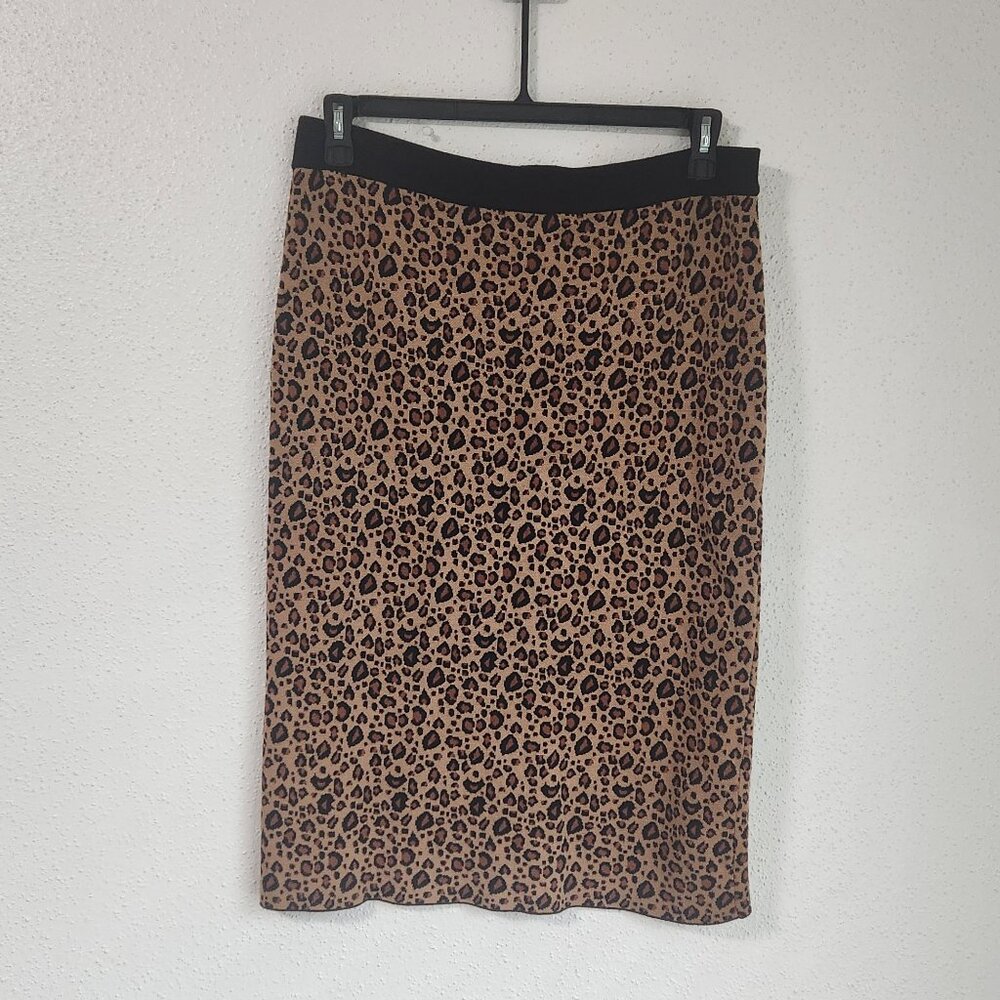 NEW Tahari Leopard Print Black Brown Pencil Skirt Size L 28" long w/back split
